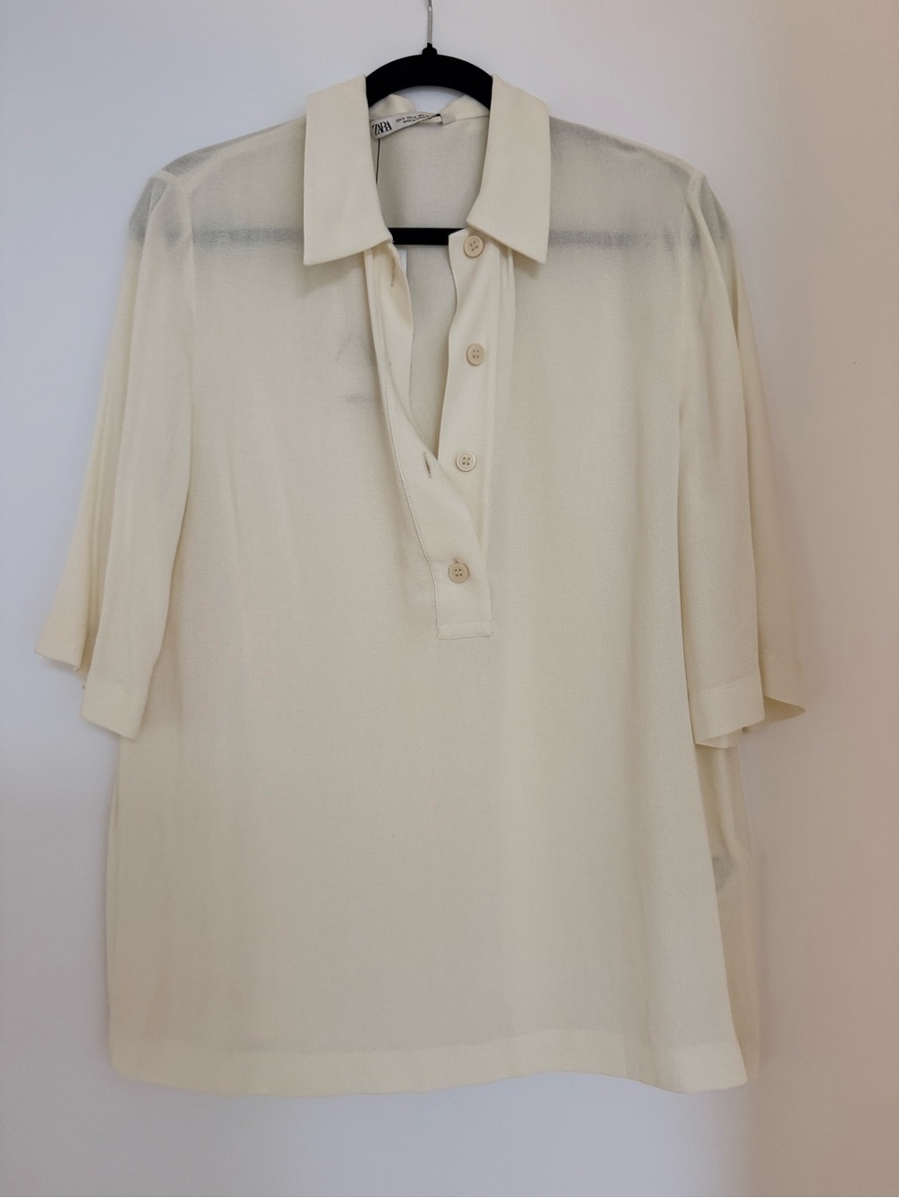 Zara Cream Short-Sleeve Button Polo Blouse